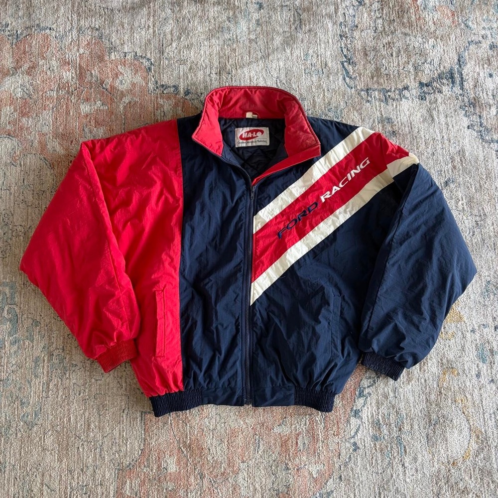 Vintage Ford Racing Jacket Mens XL Navy Red Striped Y2K HA-LO Windbreaker Bomber